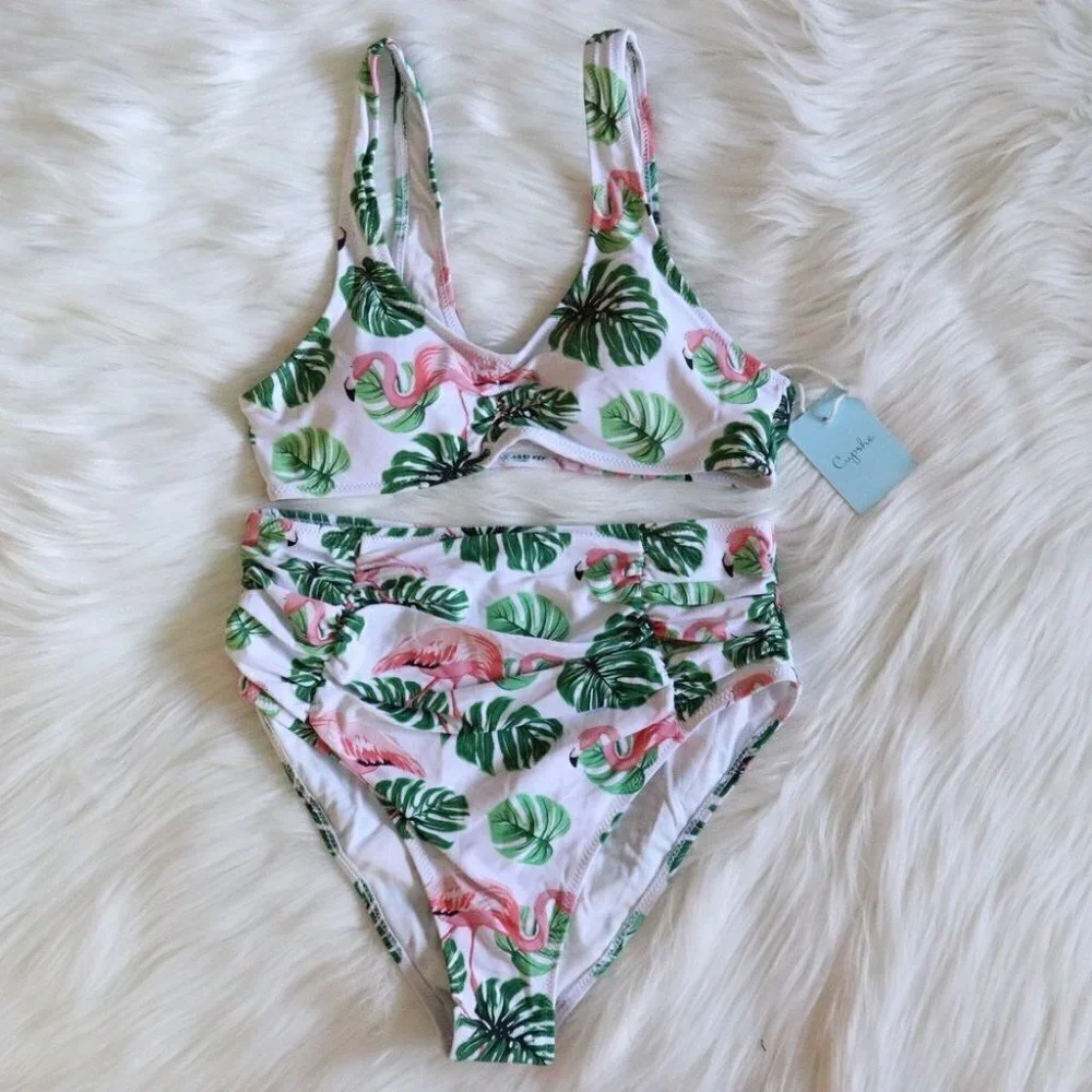 NEW White Green Flamingo Monstera Bikini Swim Set Size Small - Picture 2 of 10